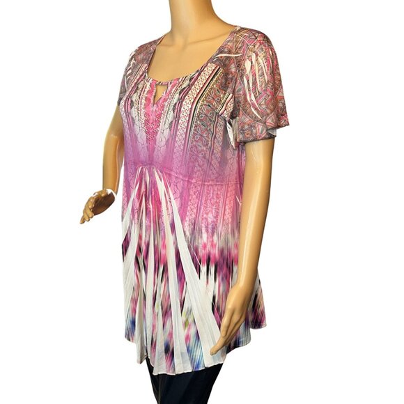 One World Womens Micro Jersey Printed Flutter Sleeve Embellished Keyhole Top - Picture 3 of 12